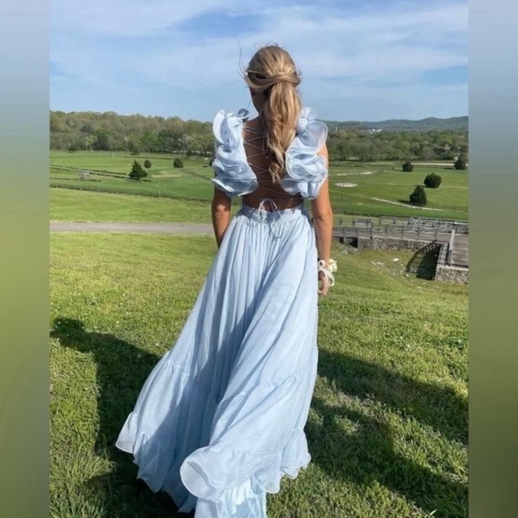 Mac Duggal Ruffle Tiered Cut Out Baby Blue Chiffon Gown Dress Size 10 - Picture 5 of 13